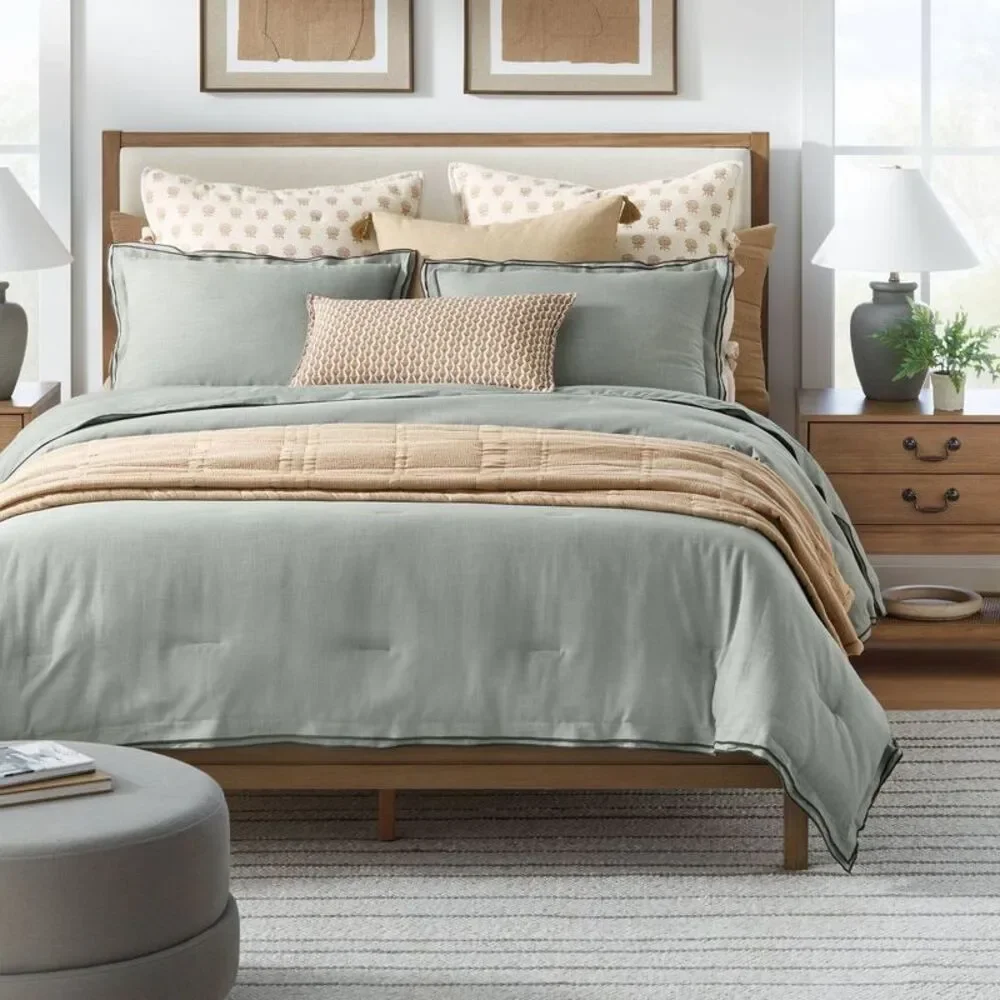 California King Cotton Merrow Stitch Comforter Set - Light Teal/Dark Gray